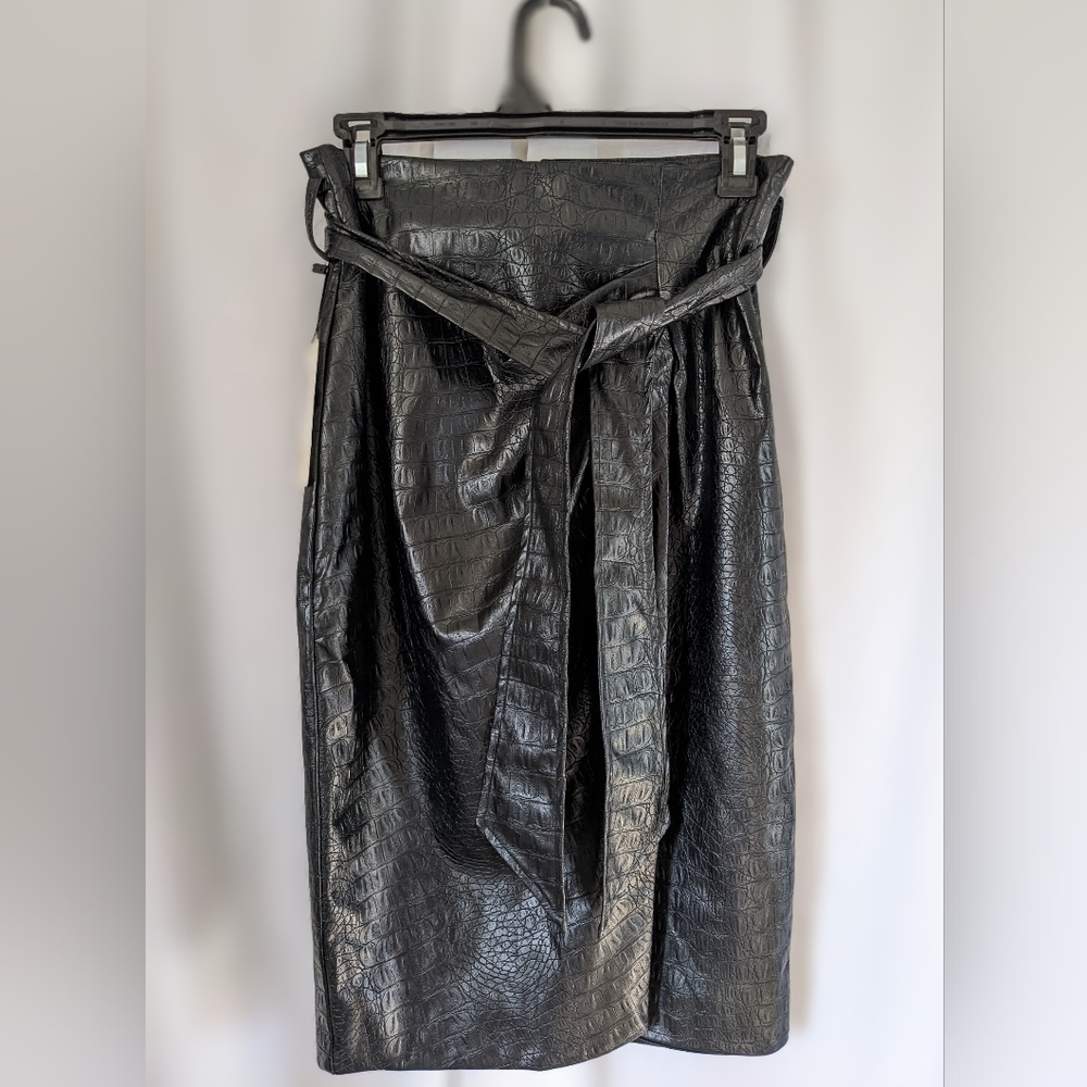 Black Faux Croc Paperbag Pencil Skirt with Tie Belt
